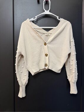 moon & madison Cream Cropped Button Cardigan with Pom-Pom Sleeve Detail